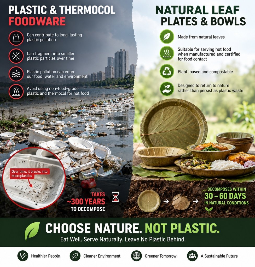 Plastic and Thermocol Foodware vs Natural Leaf Plates and Bowls Infographic